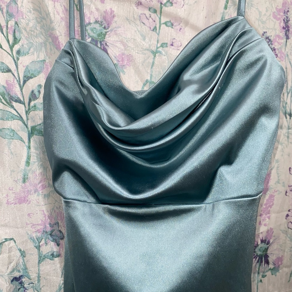 CELESTIAL BLUE SATIN HIGH SLIT PROM/FORMAL DRESS